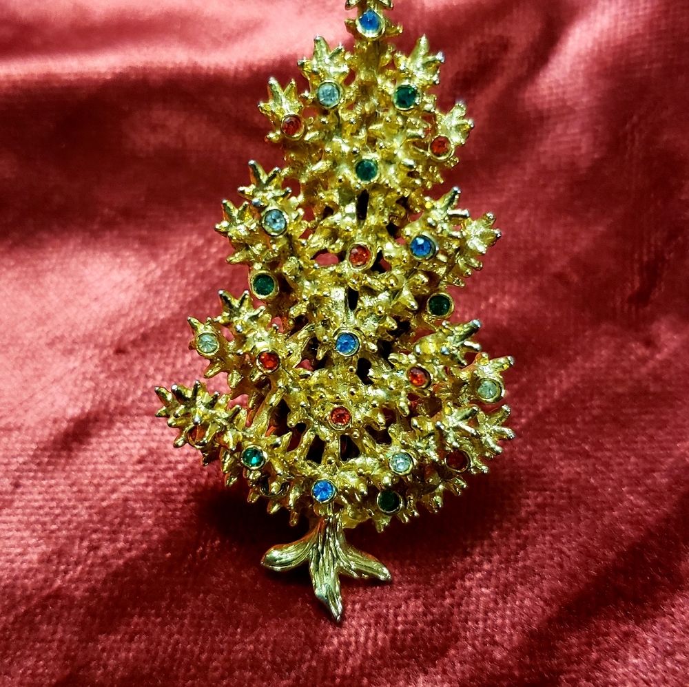 Vintage Art Signed Goldtone Christmas Tree With Multicolor Rhinestones-Bookpiece